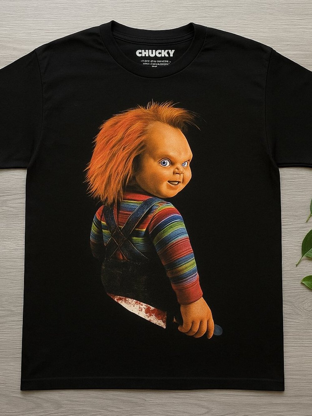 Black Horror Doll Photo Graphic Tee Killer Doll Blade Halloween Shirt